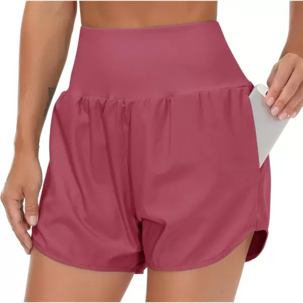 THE GYM PEOPLE Womens High Waist Running Shorts with Liner Athletic Hiking Workout Shorts Zip PocketsRose Red