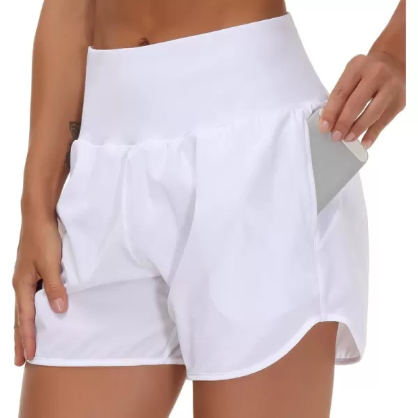 THE GYM PEOPLE Womens High Waist Running Shorts with Liner Athletic Hiking Workout Shorts Zip PocketsWhite