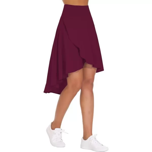 THE GYM PEOPLE Womens High Waist Wrap Ruffle Hem Asymmetric Skort High Low Flowy Midi Skirt with ShortsDark Red