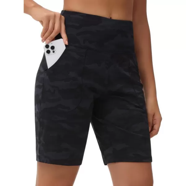 THE GYM PEOPLE Womens High Waisted Bermuda Workout Shorts Long Hiking Running Shorts with Zipper PocketsBlackgrey Camo