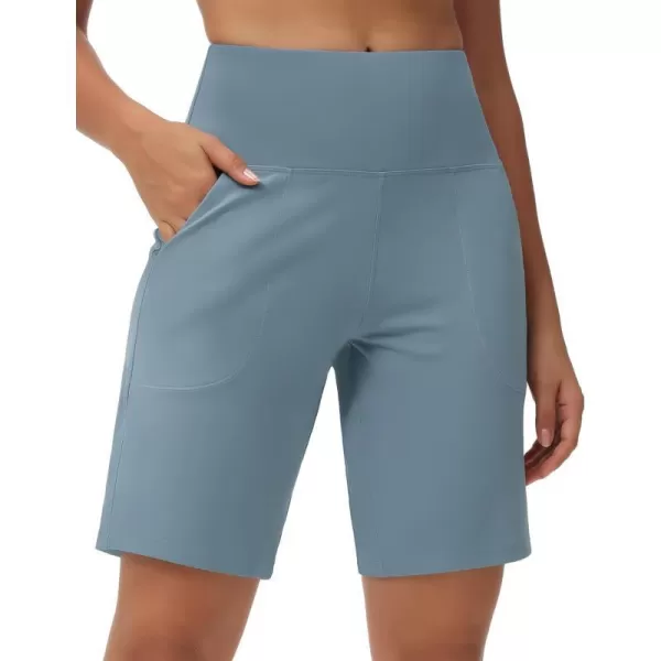 THE GYM PEOPLE Womens High Waisted Bermuda Workout Shorts Long Hiking Running Shorts with Zipper PocketsDenim Blue