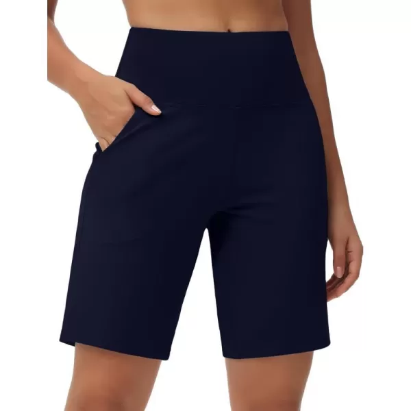 THE GYM PEOPLE Womens High Waisted Bermuda Workout Shorts Long Hiking Running Shorts with Zipper PocketsNavy Blue