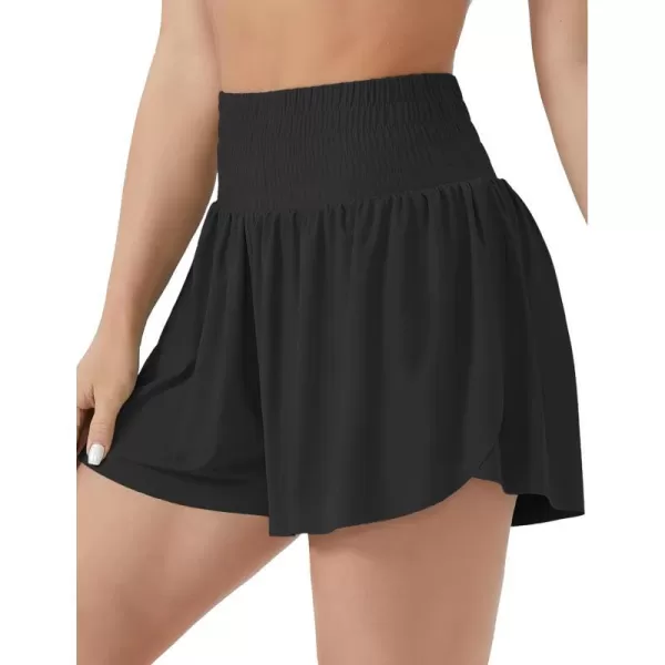 THE GYM PEOPLE Womens High Waisted Flowy Running Shorts Butterfly 2 in 1 Athletic Workout Skirt ShortsBlack