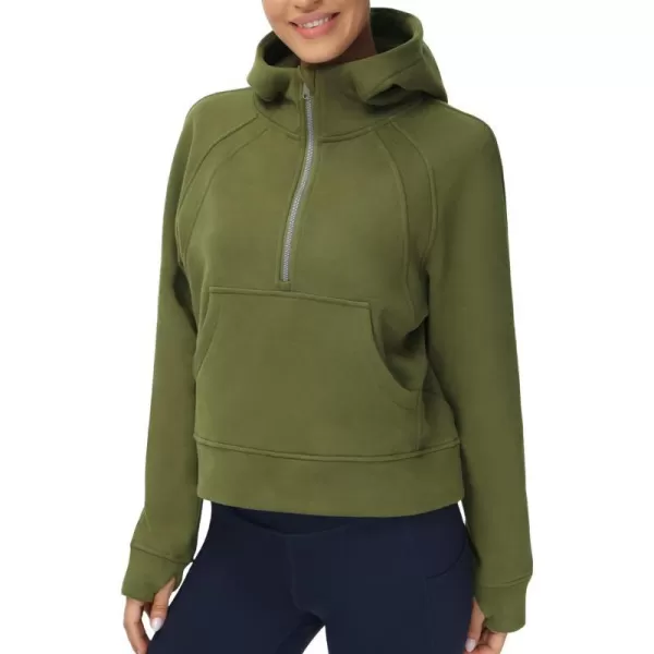 THE GYM PEOPLE Womens Hoodies Half Zip Long Sleeve Fleece Crop Pullover Sweatshirts with Pockets Thumb HoleArmy Green