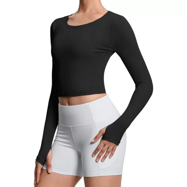 THE GYM PEOPLE Womens Long Sleeve Crop Tops Ribbed Ice Silk Slim Workout Shirts with Thumb HoleBlack