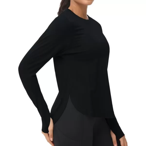 THE GYM PEOPLE Womens Long Sleeve Workout Shirts Lightweight Cotton Running Yoga Tops with Thumb HoleBlack