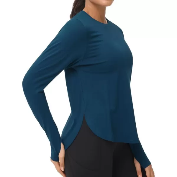THE GYM PEOPLE Womens Long Sleeve Workout Shirts Lightweight Cotton Running Yoga Tops with Thumb HoleDark Blue Green