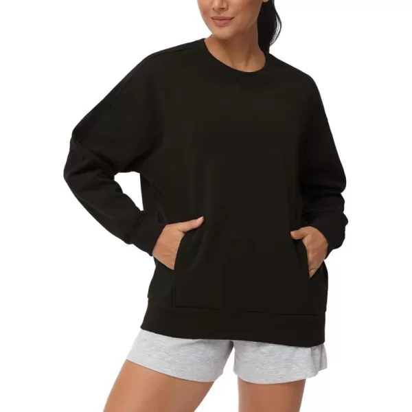 THE GYM PEOPLE Womens Loose Fit Sweatshirt Long Sleeve Crewneck Cotton Boxy Fall Workout Pullover Tops with PocketsBlack