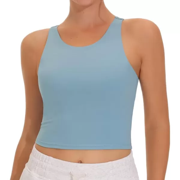 THE GYM PEOPLE Womens Racerback Longline Sports Bra Removable Padded High Neck Workout Yoga Crop TopsDenim Blue