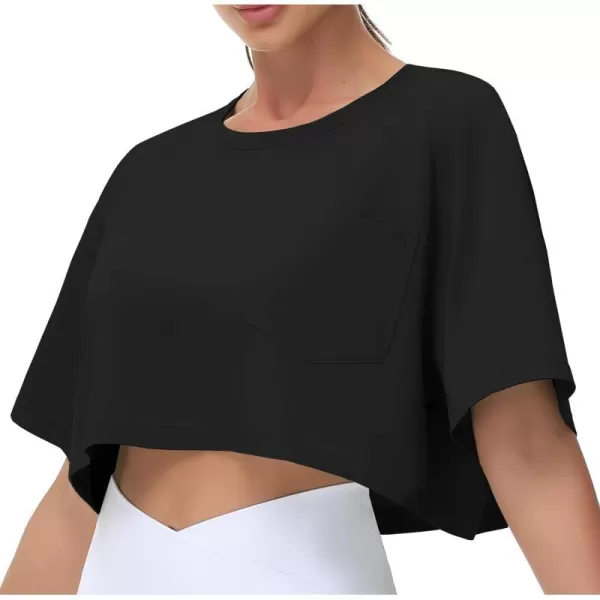 THE GYM PEOPLE Womens Workout Crop Tops Short Sleeve Boxy Oversized TShirts with PocketsBlack