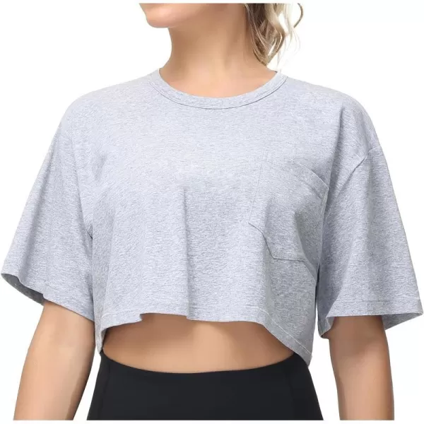 THE GYM PEOPLE Womens Workout Crop Tops Short Sleeve Boxy Oversized TShirts with PocketsHeather Grey