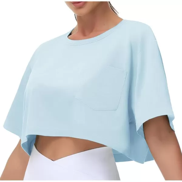 THE GYM PEOPLE Womens Workout Crop Tops Short Sleeve Boxy Oversized TShirts with PocketsLight Blue