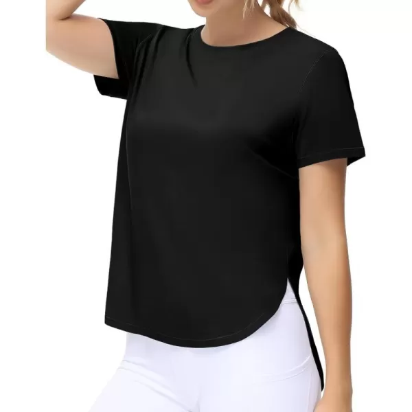 THE GYM PEOPLE Womens Workout TShirts Loose Fit Short Sleeve Cotton Running Basic Tee Tops with Split HemBlack