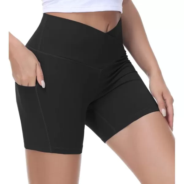 Womens Cross Waist Workout ShortsnbspTummy Control Spandex Athletic Biker Shorts with Deep PocketsBlack