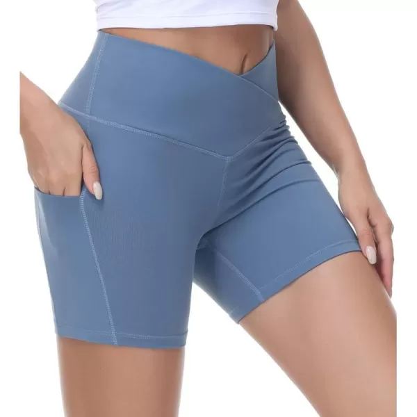 Womens Cross Waist Workout ShortsnbspTummy Control Spandex Athletic Biker Shorts with Deep PocketsGrey Blue