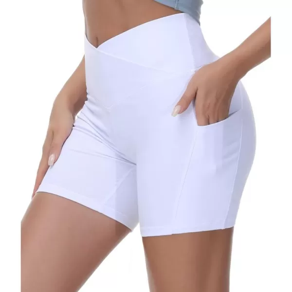 Womens Cross Waist Workout ShortsnbspTummy Control Spandex Athletic Biker Shorts with Deep PocketsWhite