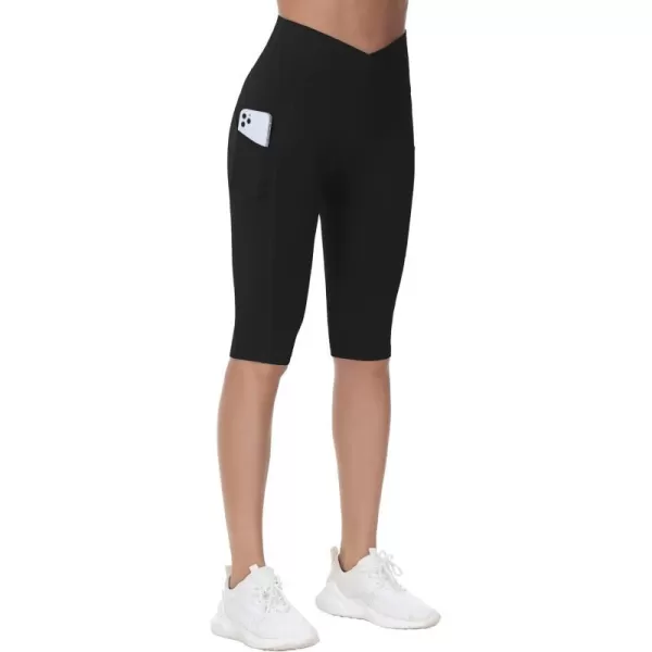 Womens Knee Length Workout Capris Leggings Cross Waisted Lounge Yoga Pants with PocketsBlack