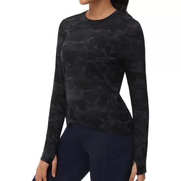 Womens Long Sleeve Compression Shirts Workout Tops Cross Hem Athletic Running Yoga TShirts with Thumb HoleBlackgrey Camo