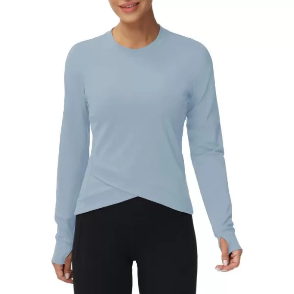 Womens Long Sleeve Compression Shirts Workout Tops Cross Hem Athletic Running Yoga TShirts with Thumb HoleDenim Blue