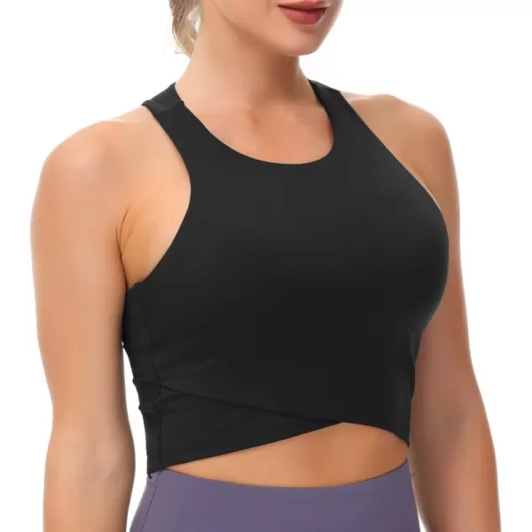 Womens Racerback Sports Bra Medium Support Athletic Workout Crop Tank Tops Built in BraBlack