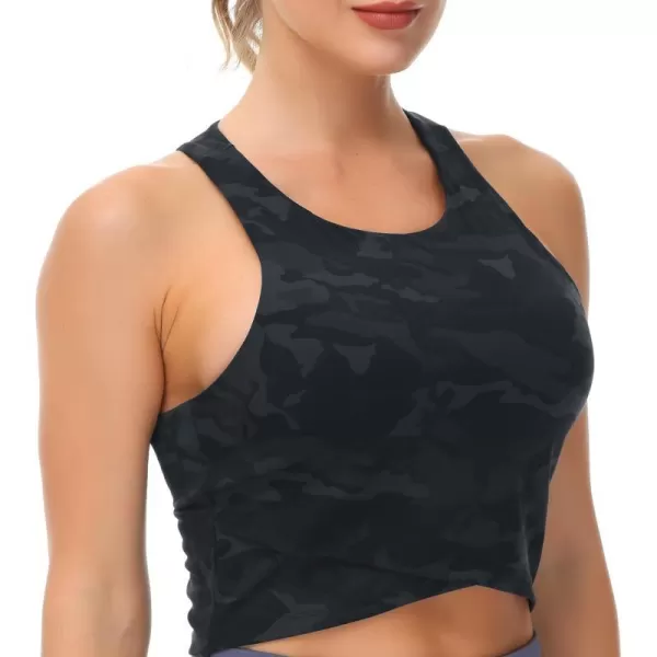 Womens Racerback Sports Bra Medium Support Athletic Workout Crop Tank Tops Built in BraCamo Black