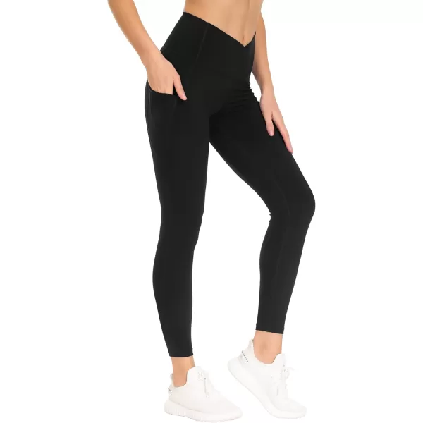 THE GYM PEOPLE Womens Cross Waist Workout Leggings Tummy Control High Waisted Athletic Yoga Pants with PocketsBlack