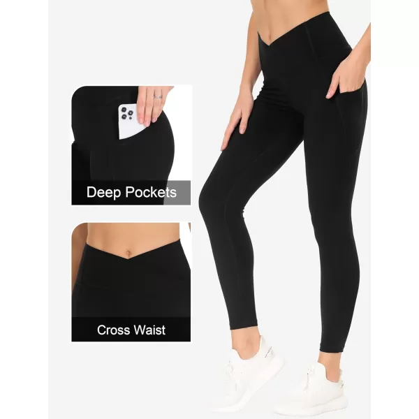 THE GYM PEOPLE Womens Cross Waist Workout Leggings Tummy Control High Waisted Athletic Yoga Pants with PocketsBlack
