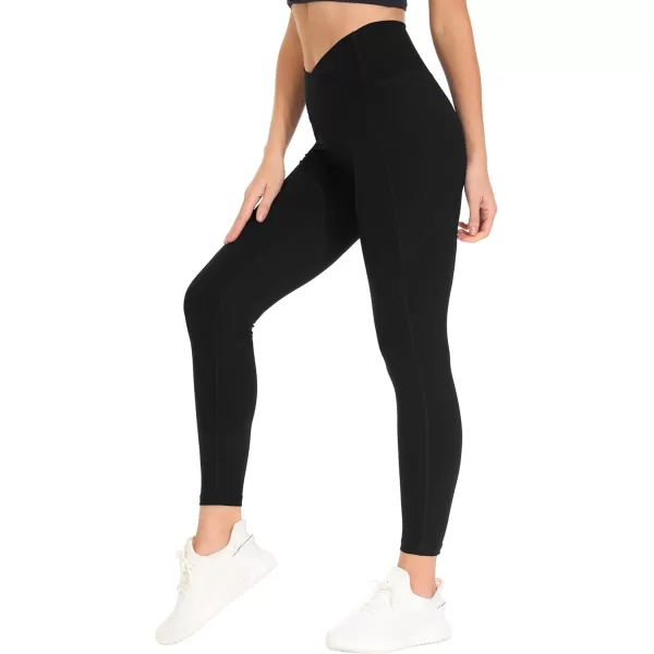 THE GYM PEOPLE Womens Cross Waist Workout Leggings Tummy Control High Waisted Athletic Yoga Pants with PocketsBlack