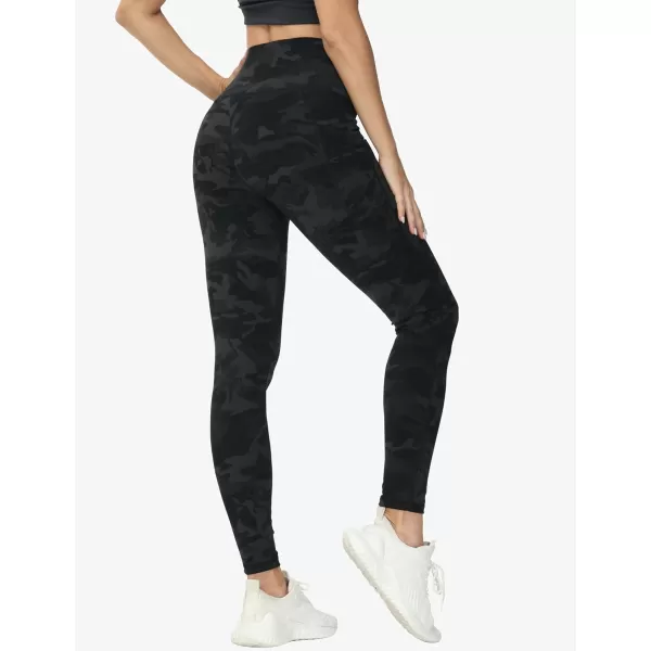 THE GYM PEOPLE Womens Cross Waist Workout Leggings Tummy Control High Waisted Athletic Yoga Pants with PocketsBlack Camo