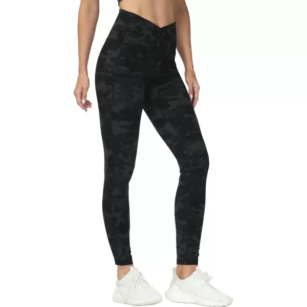 THE GYM PEOPLE Womens Cross Waist Workout Leggings Tummy Control High Waisted Athletic Yoga Pants with PocketsBlack Camo