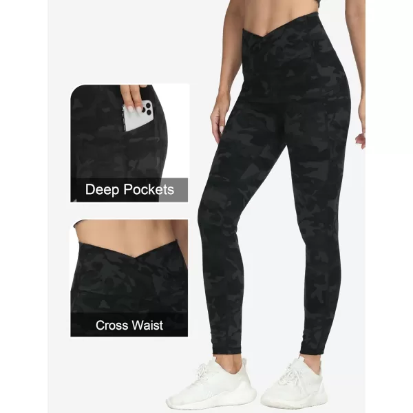 THE GYM PEOPLE Womens Cross Waist Workout Leggings Tummy Control High Waisted Athletic Yoga Pants with PocketsBlack Camo