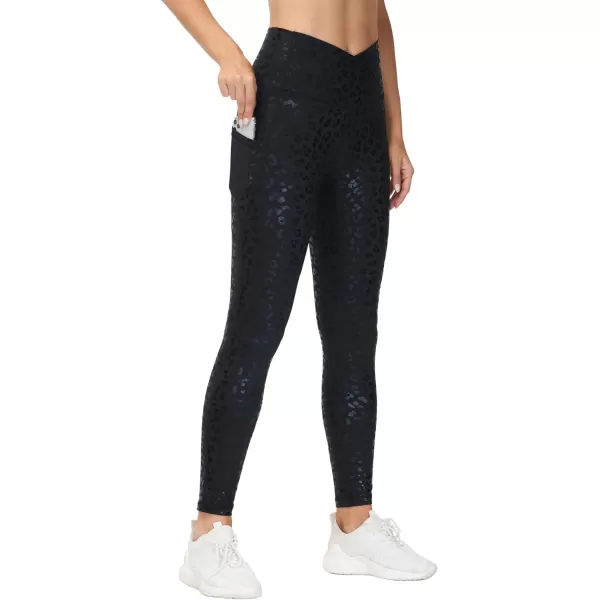 THE GYM PEOPLE Womens Cross Waist Workout Leggings Tummy Control High Waisted Athletic Yoga Pants with PocketsBlack Leopard
