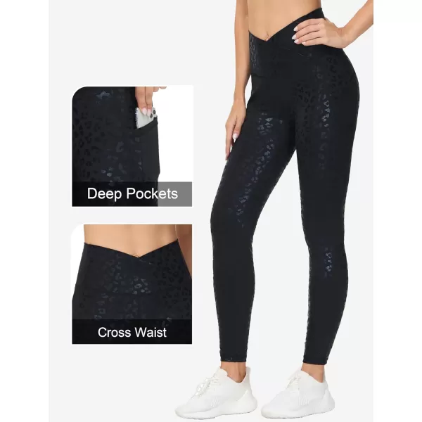 THE GYM PEOPLE Womens Cross Waist Workout Leggings Tummy Control High Waisted Athletic Yoga Pants with PocketsBlack Leopard