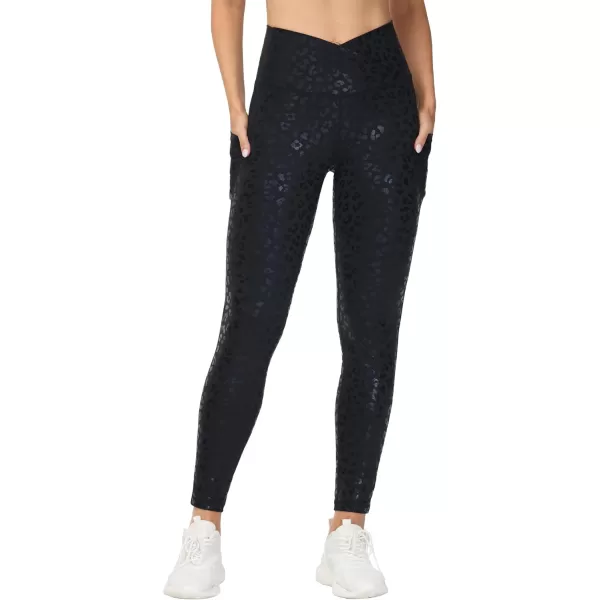 THE GYM PEOPLE Womens Cross Waist Workout Leggings Tummy Control High Waisted Athletic Yoga Pants with PocketsBlack Leopard