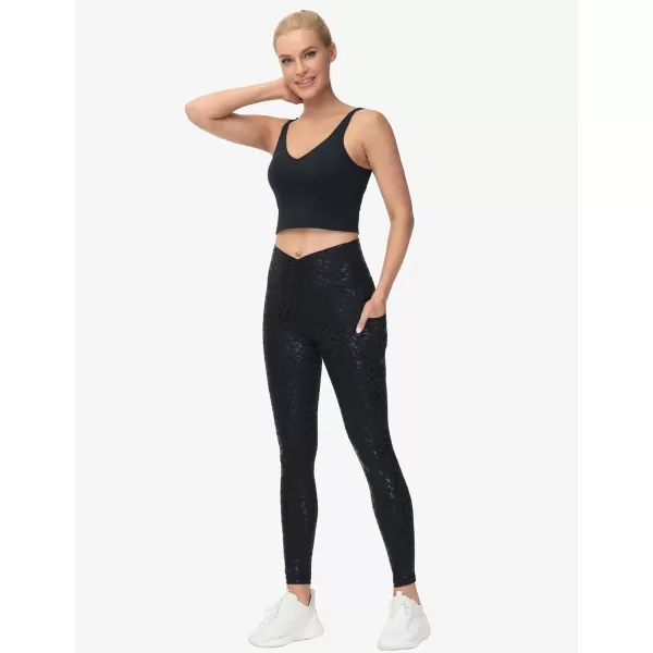 THE GYM PEOPLE Womens Cross Waist Workout Leggings Tummy Control High Waisted Athletic Yoga Pants with PocketsBlack Leopard