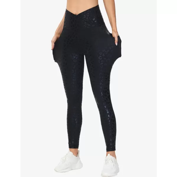 THE GYM PEOPLE Womens Cross Waist Workout Leggings Tummy Control High Waisted Athletic Yoga Pants with PocketsBlack Leopard