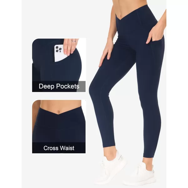 THE GYM PEOPLE Womens Cross Waist Workout Leggings Tummy Control High Waisted Athletic Yoga Pants with PocketsBlue