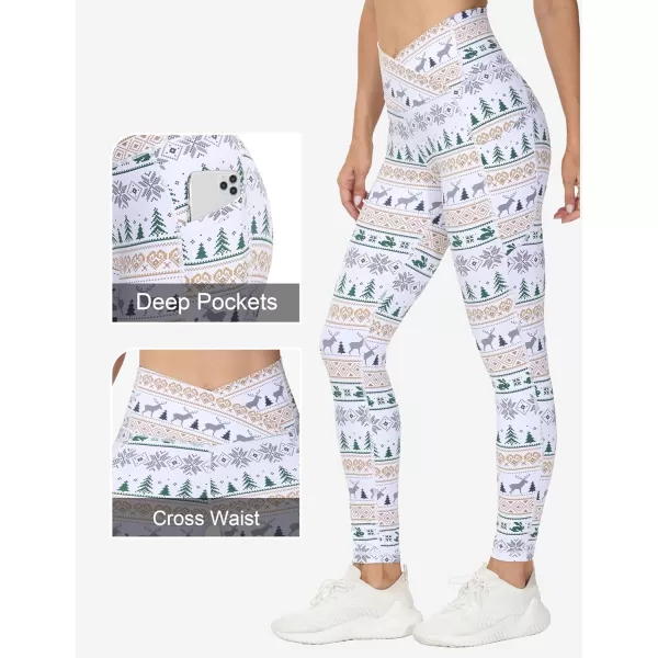 THE GYM PEOPLE Womens Cross Waist Workout Leggings Tummy Control High Waisted Athletic Yoga Pants with PocketsXmas Print White