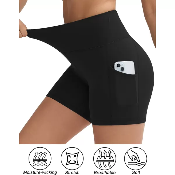 THE GYM PEOPLE Womens High Stretch Workout Shorts Tummy Control Running Biker Yoga Shorts with Side PocketsBlack