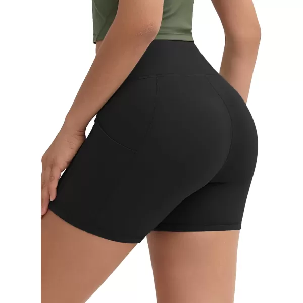 THE GYM PEOPLE Womens High Stretch Workout Shorts Tummy Control Running Biker Yoga Shorts with Side PocketsBlack
