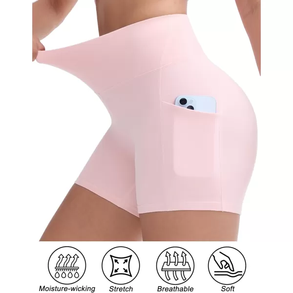 THE GYM PEOPLE Womens High Stretch Workout Shorts Tummy Control Running Biker Yoga Shorts with Side PocketsLight Pink