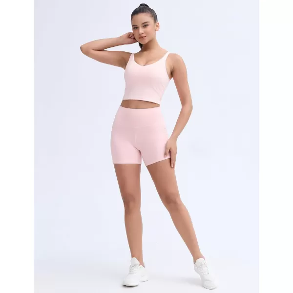 THE GYM PEOPLE Womens High Stretch Workout Shorts Tummy Control Running Biker Yoga Shorts with Side PocketsLight Pink
