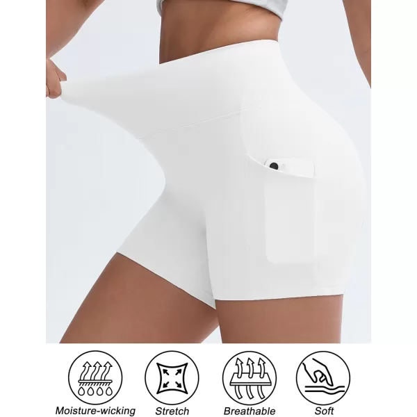 THE GYM PEOPLE Womens High Stretch Workout Shorts Tummy Control Running Biker Yoga Shorts with Side PocketsWhite