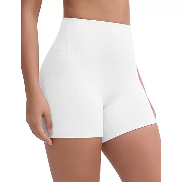 THE GYM PEOPLE Womens High Stretch Workout Shorts Tummy Control Running Biker Yoga Shorts with Side PocketsWhite