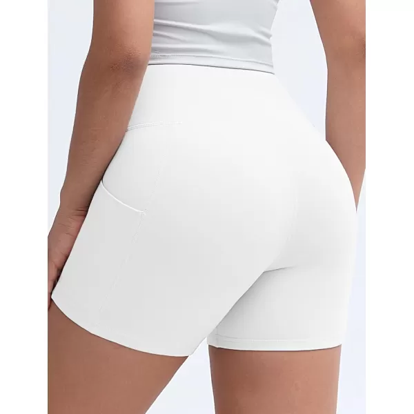 THE GYM PEOPLE Womens High Stretch Workout Shorts Tummy Control Running Biker Yoga Shorts with Side PocketsWhite