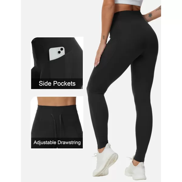 THE GYM PEOPLE Womens High Waist Drawstring Stretchy Workout Leggings Ultra Soft Tummy Control Yoga Pants with PocketsBlack