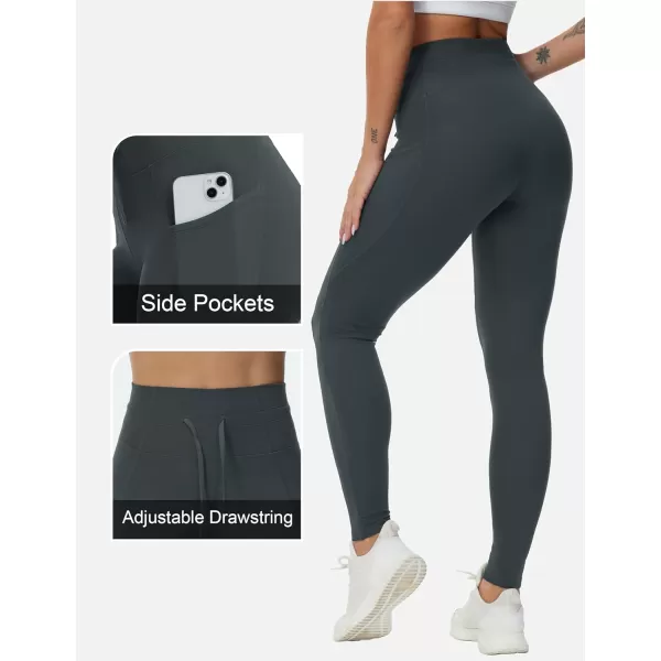 THE GYM PEOPLE Womens High Waist Drawstring Stretchy Workout Leggings Ultra Soft Tummy Control Yoga Pants with PocketsGrey