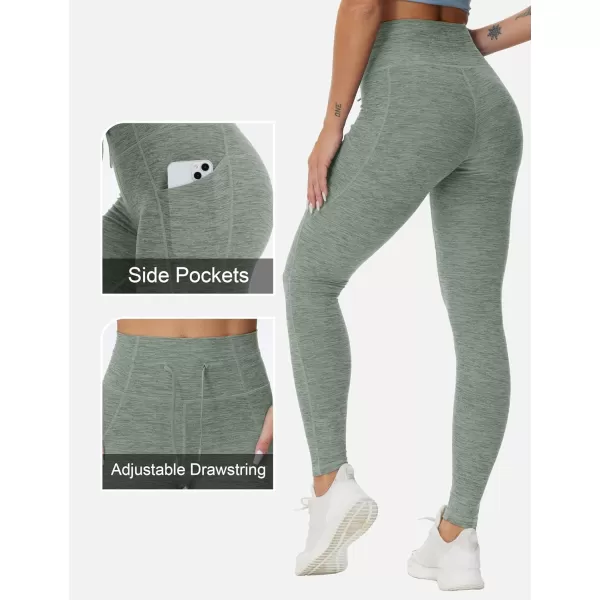 THE GYM PEOPLE Womens High Waist Drawstring Stretchy Workout Leggings Ultra Soft Tummy Control Yoga Pants with PocketsGrey Green Heather