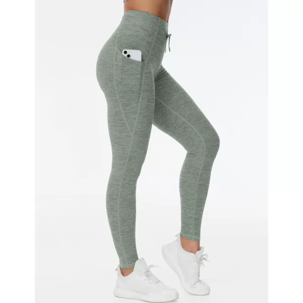 THE GYM PEOPLE Womens High Waist Drawstring Stretchy Workout Leggings Ultra Soft Tummy Control Yoga Pants with PocketsGrey Green Heather