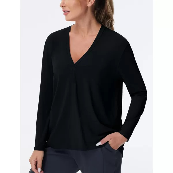 THE GYM PEOPLE Womens Long Sleeve Workout Shirts Loose Fit VNeck Running TShirts Tops with Thumb HoleBlack